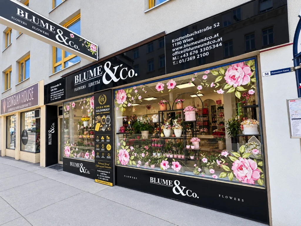 Eingangsbereich der Filiale Taborstraße 56 über das Blumengeschäft Blume & Co. an der Ecke Praterstern Gasse