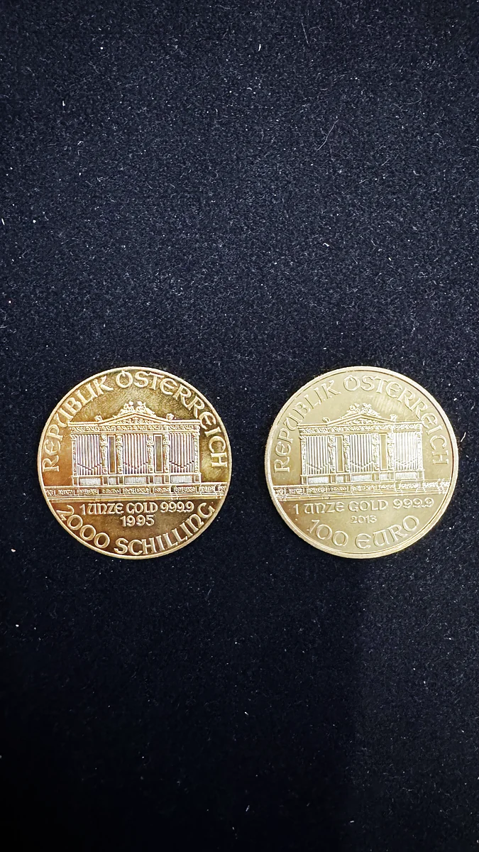 Wiener Philharmoniker 2000 Schilling aus 1995 und 100 Euro aus 2013 im direkten Vergleich bei Gold & More